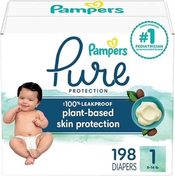 Pampers Pure Protection Diapers - Size 1, One Month Supply (198 Count), Hypoallergenic Premium Disposable Baby Diapers