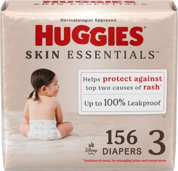 Huggies Size 3 Diapers, Skin Essentials Baby Diapers, Size 3 (16-28 lbs), 156 Count (3 Packs of 52)