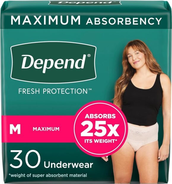 Depend Fresh Protection Adult Incontinence & Postpartum Bladder Leak Underwear for Women, Disposable, Maximum, Medium, Blush, 30 Count, Packaging May Vary