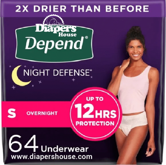 Depend Night Defense Women's Incontinence & Postpartum Underwear – Small, 64 Count (4 Packs of 16) – Overnight Leak Protection in Blush