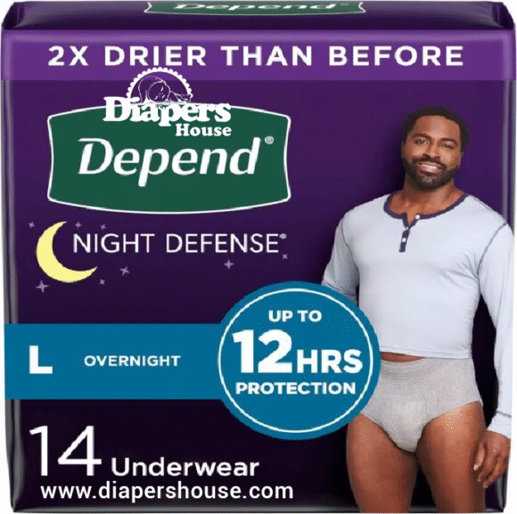 Depend Night Defense Men’s Incontinence Underwear – Large, 14 Count, Grey – Disposable Overnight Protection