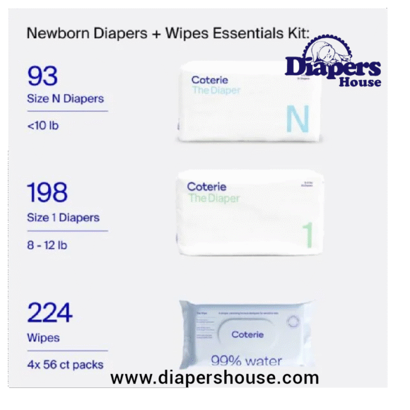 Coterie Baby Diaper & Wipe Set, Size 1 (198 Diapers) & Newborn (93 Diapers) with 4 Wipe Packs (224 Wipes) – Made with Plant-Based Ingredients, Hypoallergenic for Delicate Skin - Image 2