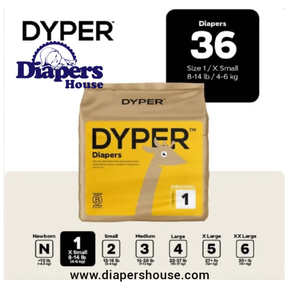 DYPER Hypoallergenic Baby Diapers – Plant-Based, Eco-Friendly Cloth Alternative for Day & Night Protection – Size 1 (36 Count)