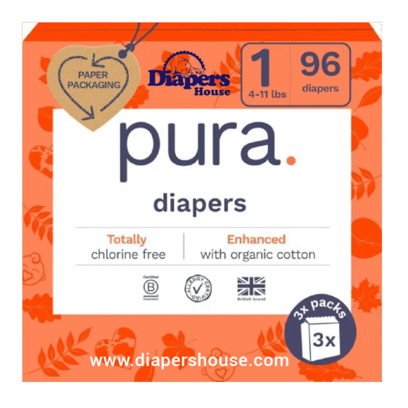 Pura Hypoallergenic Baby Diapers, Size 1 (4-11 lbs), Newborn-Friendly, Chlorine-Free, Soft Organic Cotton, Wetness Indicator, Ideal for Sensitive Skin, 96 Count (3 Packs)