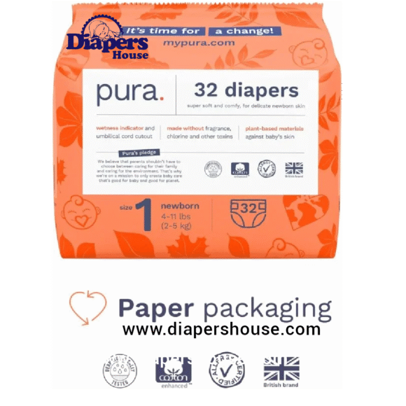 Pura Hypoallergenic Baby Diapers, Size 1 (4-11 lbs), Newborn-Friendly, Chlorine-Free, Soft Organic Cotton, Wetness Indicator, Ideal for Sensitive Skin, 96 Count (3 Packs) - Image 2