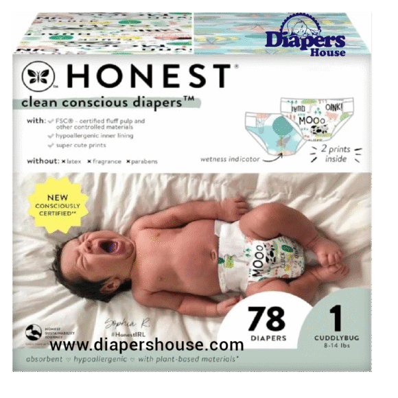 The Honest Company Clean Conscious Diapers – Hypoallergenic, Fragrance-Free, and Gentle for Sensitive Skin | Gender-Neutral Designs | Size 1 (8-14 lbs), 78 Count Club Box
