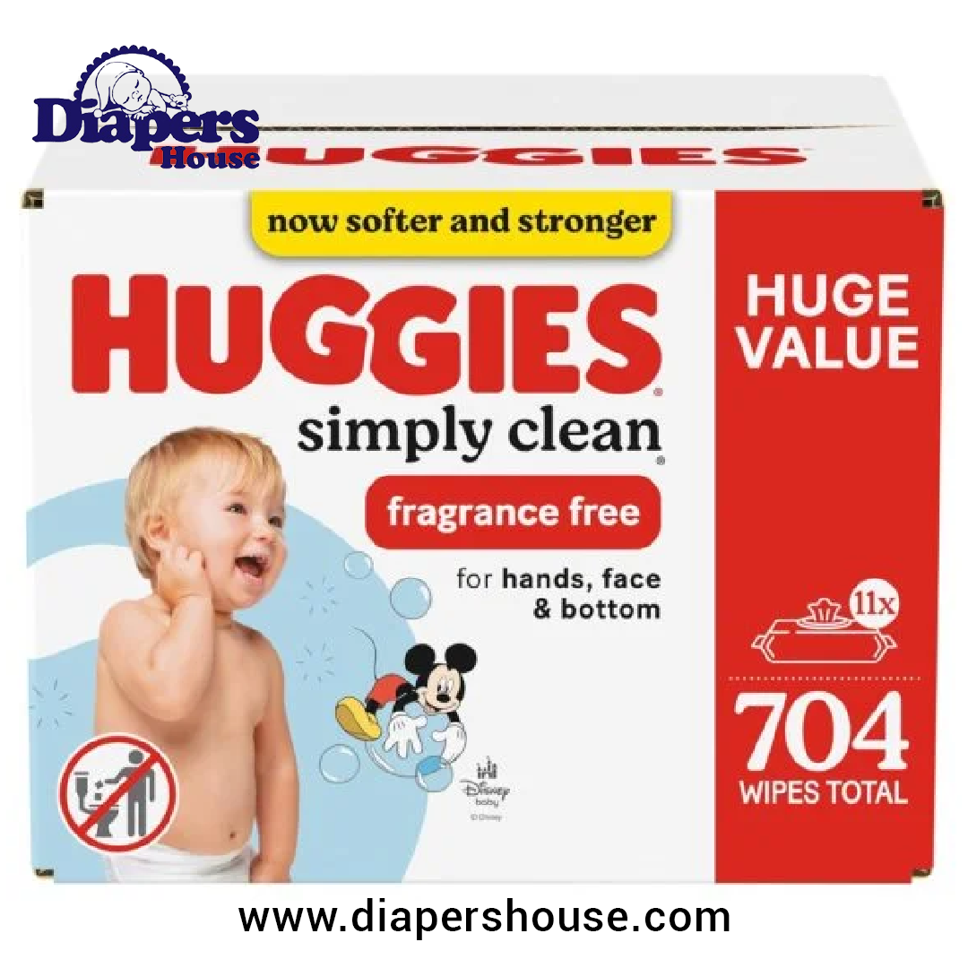 Huggies Simply Clean Unscented Baby Wipes, 11 Flip-Top Packs (704 Wipes) – Gentle, Fragrance-Free Cleaning, Packaging May Vary