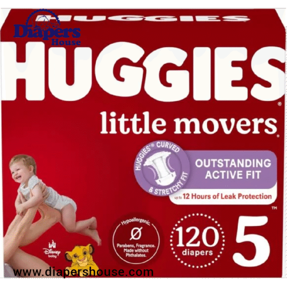 Huggies Little Movers Diapers, Size 5 (For Babies 27 lbs+), 120 Count (2 x 60 Diapers)