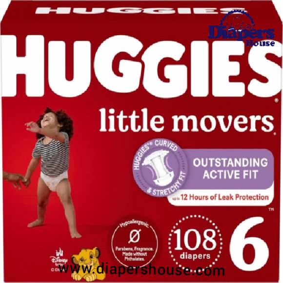 Huggies Little Movers Diapers – Size 6 (35+ lbs), 108 Count, Secure & Flexible Fit for Active Toddlers (Packaging May Vary)
