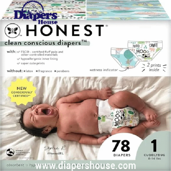 The Honest Co. Eco-Friendly Diapers – Size 1 (8–14 lbs), 78 Count – Plant-Based, Gentle Fit with Above It All & Barnyard Babies Designs