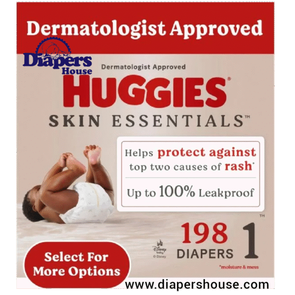 Huggies Skin Essentials Baby Diapers, Size 1 (8-14 lbs), 198 Count – 3 Packs of 66, Gentle Care for Newborns