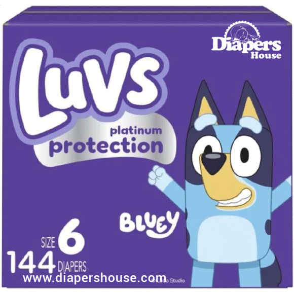 Luvs Platinum Protection Diapers – Size 6 (144 Count), Featuring Bluey Designs for Ultimate Comfort and Leak Protection