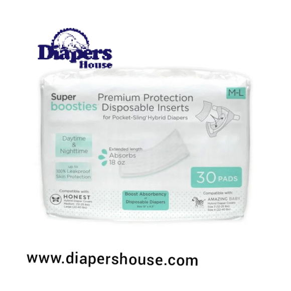 Super Boosties Disposable Overnight Inserts for Diapers, Leak-Proof Protection for Pampers Sizes 4-6 & Honest Hybrid Covers (Medium/Large), Amazing Baby Cover (Size 3/4), 30 Count, 4.3x13 inches