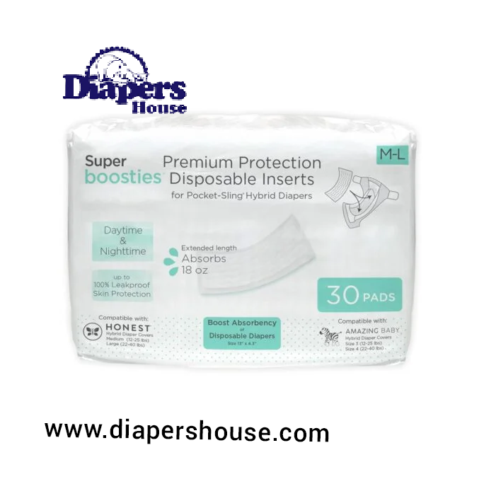 Super Boosties Disposable Overnight Inserts for Diapers, Leak-Proof Protection for Pampers Sizes 4-6 & Honest Hybrid Covers (Medium/Large), Amazing Baby Cover (Size 3/4), 30 Count, 4.3x13 inches