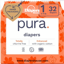 Pura Organic Cotton Baby Diapers, Size 1 (4-11 lbs), Hypoallergenic, Chlorine-Free, Wetness Indicator, Soft & Gentle on Sensitive Skin, 32 Count