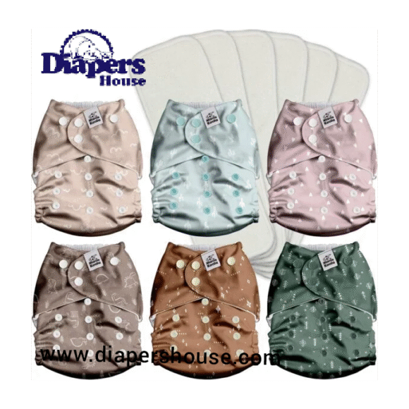 Mama Koala 3.0 Reusable Pocket Diapers with AWJ Lining – 6 Neutral Designs + 6 Natural 4-Layer Inserts, Washable Cloth Diapers for Babies
