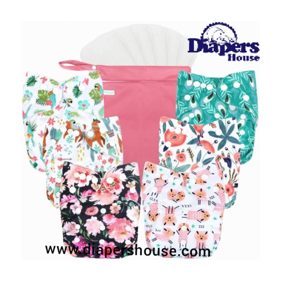 Wegreeco Adjustable Cloth Diaper Kit – 6-Pack with 6 Inserts and Wet Bag, Reusable One-Size Diapers for Babies (Floral Pattern)