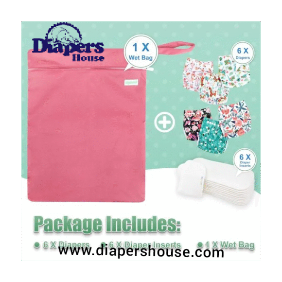 Wegreeco Adjustable Cloth Diaper Kit – 6-Pack with 6 Inserts and Wet Bag, Reusable One-Size Diapers for Babies (Floral Pattern) - Image 7