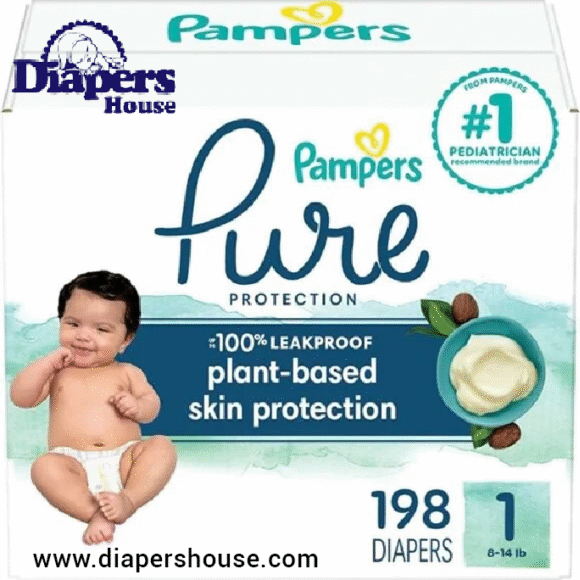 Pampers Pure Protection Size 1 Diapers – 198-Pack, Hypoallergenic, Premium Disposable Baby Diapers for One-Month Supply