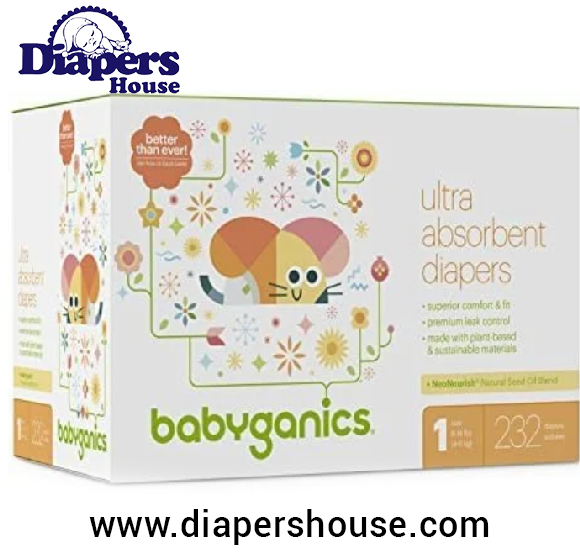 Babyganics Size 1 Diapers (8–14 lbs), 232 Count – Unscented, Ultra-Absorbent, Free from Chlorine & Latex